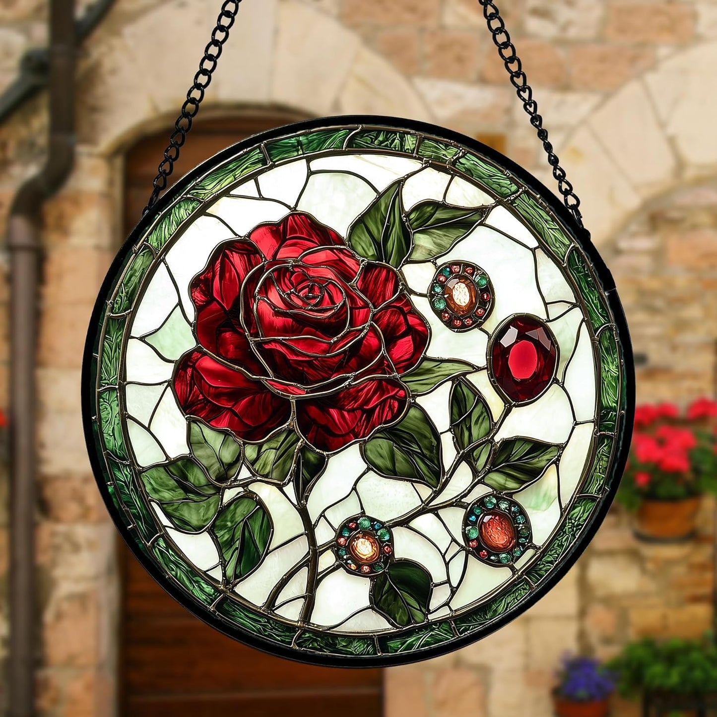 Stained Glass Window Hanging, Red Rose Gemstone Green Sun Catchers Diamond Glass Panel Hangings Suncatcher Decor for Birthday for Women, Men, Wife, Aunt, and Mom 11.8x11.8 in