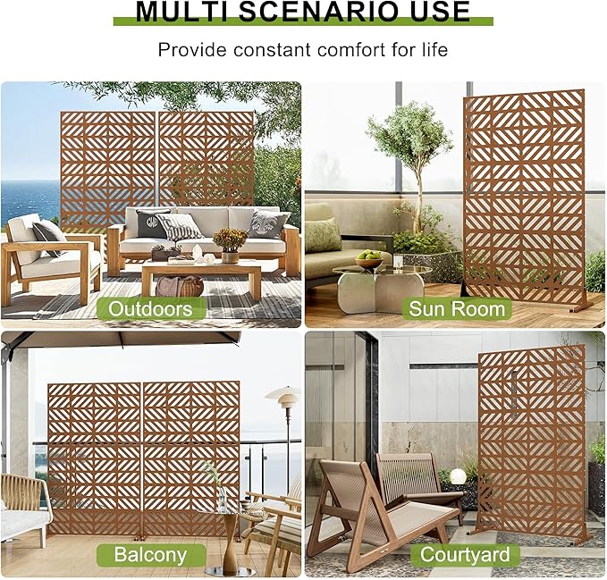 Heavy-Duty Outdoor Privacy Screen for Patio, Balcony, Backyard - 72" H * 44" W Metal Room Divider with Geometric Pattern, Anti-Tipping Kit, Weather Resistant, Easy Assembly (Raw Umber-FGXPF)