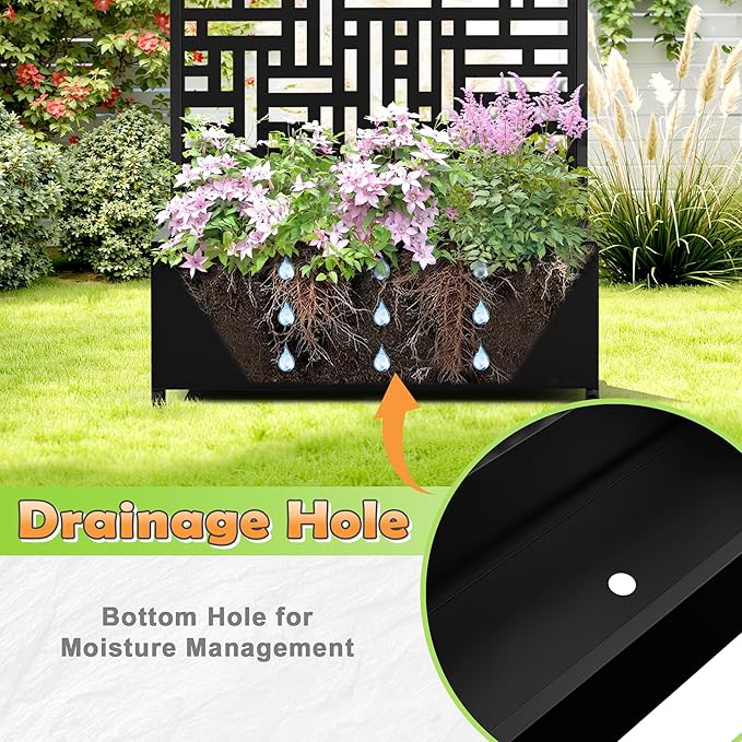 Metal Raised Garden Bed with Trellis, 2-in-1 Planter Box & Privacy Screen for Climbing Plants, Outdoor Standing Flower Bed with Drainage Holes, 35.4" L x 15.7" W x 70.1" H, Black-Helen