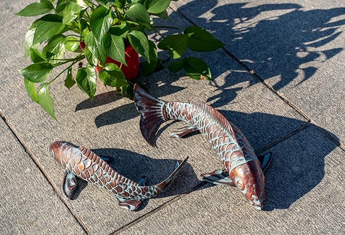 Set of 2 Koi Fish Decor Outdoor Statues Sculptures Antique Copper Garden Pond Fishes Art Metal Koi Fish Statue Outside Garden Décor Ornaments for Outdoors,Patio,Yard,Lawn,Pond,Home Decorations