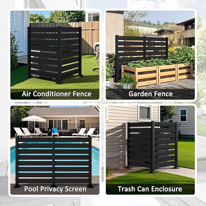 MUPATER 49'' H×78'' W Outdoor Fence Privacy Screen, No Dig Wood Privacy Screen for Hard Ground and Soil, Privacy Fence Panel, Air Conditioner Fence with Aluminum Post, 2 Way to Use, Black (2 Panels)
