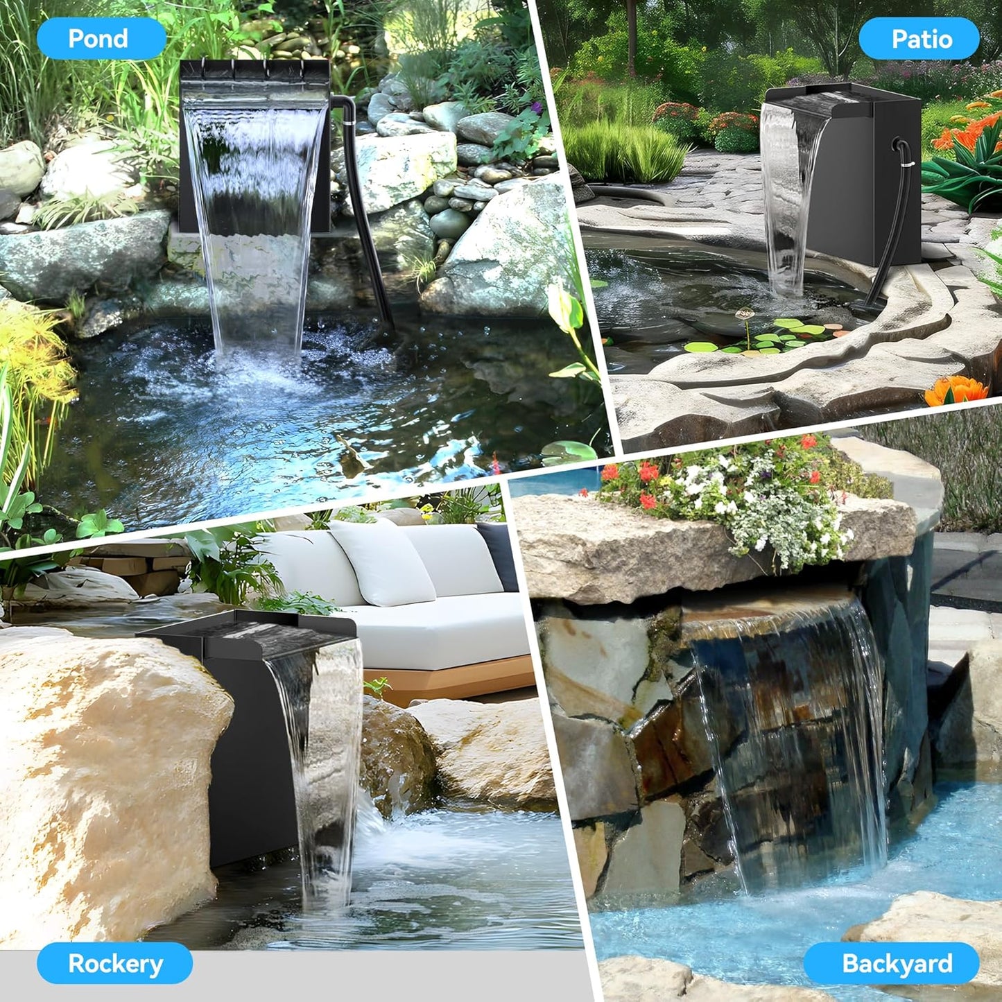 POPOSOAP Pond Waterfall Spillway with Pump Kit, 13.4" H x 12" W Stainless Steel Pond Waterfall Box with Pond Pump, Filtration, 10FT Corrugated Tubing for Outdoor Garden Pond Spillway