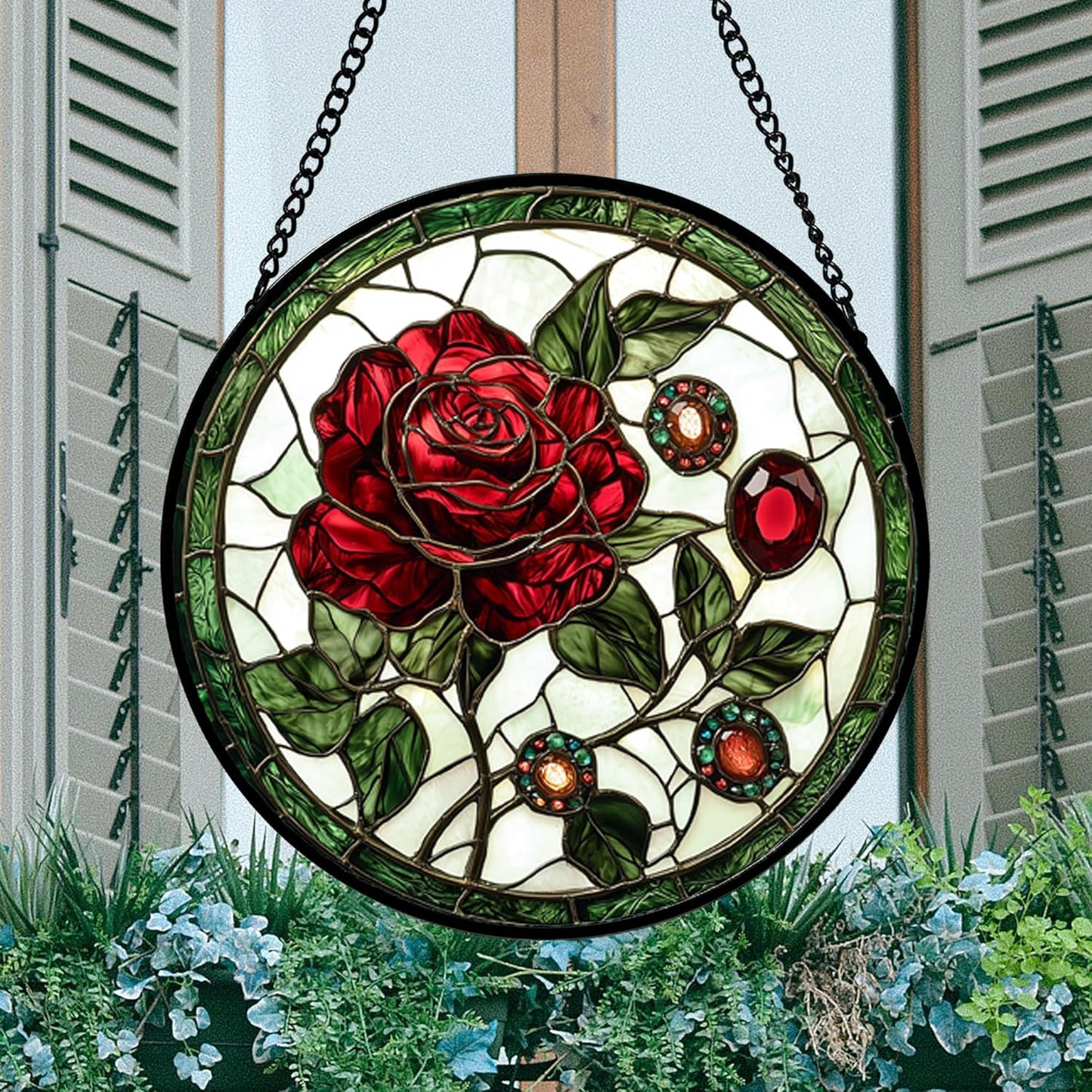 Stained Glass Window Hanging, Red Rose Gemstone Green Sun Catchers Diamond Glass Panel Hangings Suncatcher Decor for Birthday for Women, Men, Wife, Aunt, and Mom 14.9x14.9 in