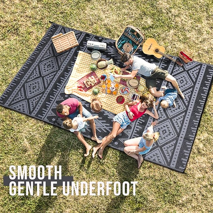 OLANLY Outdoor Rug Waterproof 5x8 ft, Reversible Outdoor Plastic Straw Rug, Boho Patio Rug, Indoor Outdoor Carpet, RV Mat Outside for Patio, Camp, Picnic, Balcony, Deck, Backyard, Black & Grey