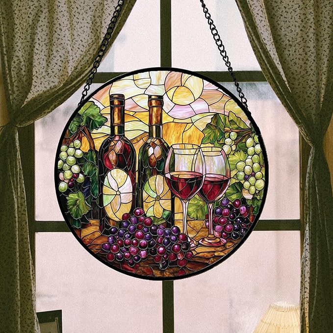 Stained Glass Window Hanging, Grapes and Wine Suncatcher Diamond Glass Panel Hangings Sun Catchers Decor for Birthday for Women, Men, Wife, Aunt, and Mom 14.9x14.9 in