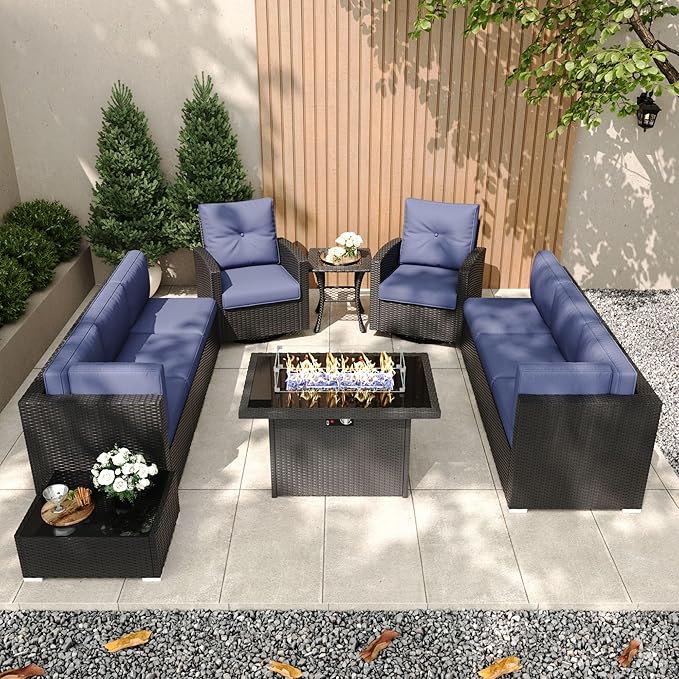 Patio Furniture Set with Fire Pit Table, 11 Pieces Outdoor All-Weather Wicker Conversation Sectional Chair Sofa Set with 2 Swivel Chairs