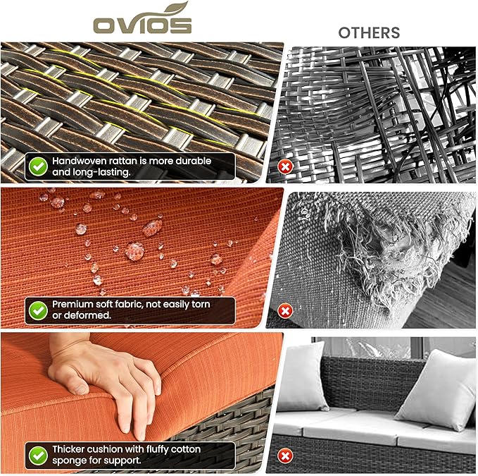 ovios 8 Pieces Patio Furniture Set, Outdoor Wicker Sofa Couch with Swivel Chairs 42" Fire Pit Table, High Back All Weather Modern Conversation Sets, Brown Rattan, Orange Red