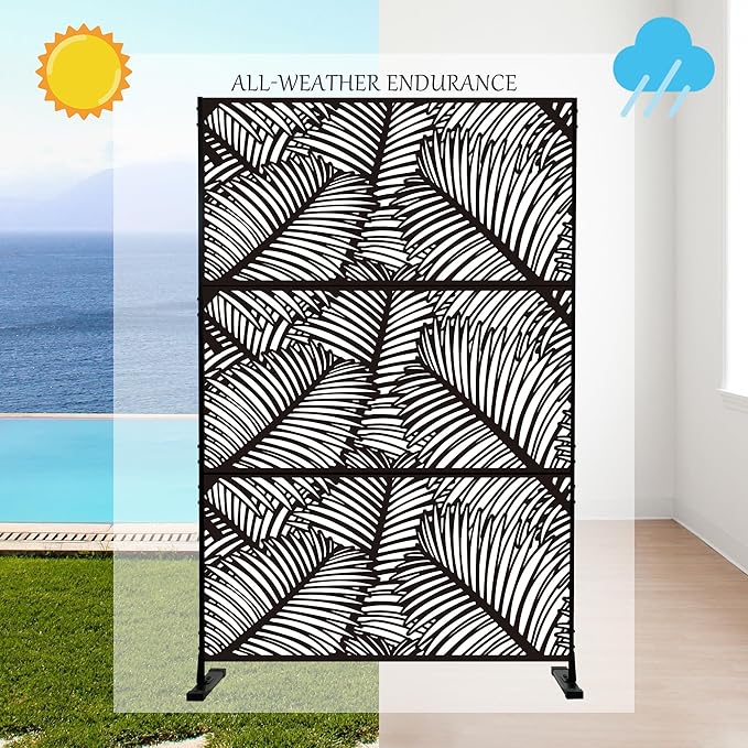 Kozyard Metal Privacy Screen 74" H x 47.2" W Decorative Outdoor Divider with Stand Panels Freestanding Screen Set for Deck Patio Balcony Garden Outdoor&Indoor (Black/Palm Leaf)