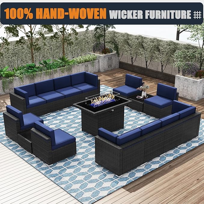 Patio Furniture Set with Fire Pit Table, 15 Pieces Outdoor All-Weather Wicker Conversation Sectional Chair Sofa Set
