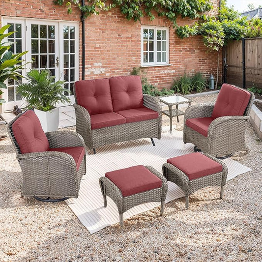 HUMMUH 6 Pieces Patio Furniture Set-Patio Glider Loveseat with Rattan Outdoor Swivel Chairs Outdoor Conversation Furniture Sets for Deck Lawn Porch Balcony Poolside-Grey/Red
