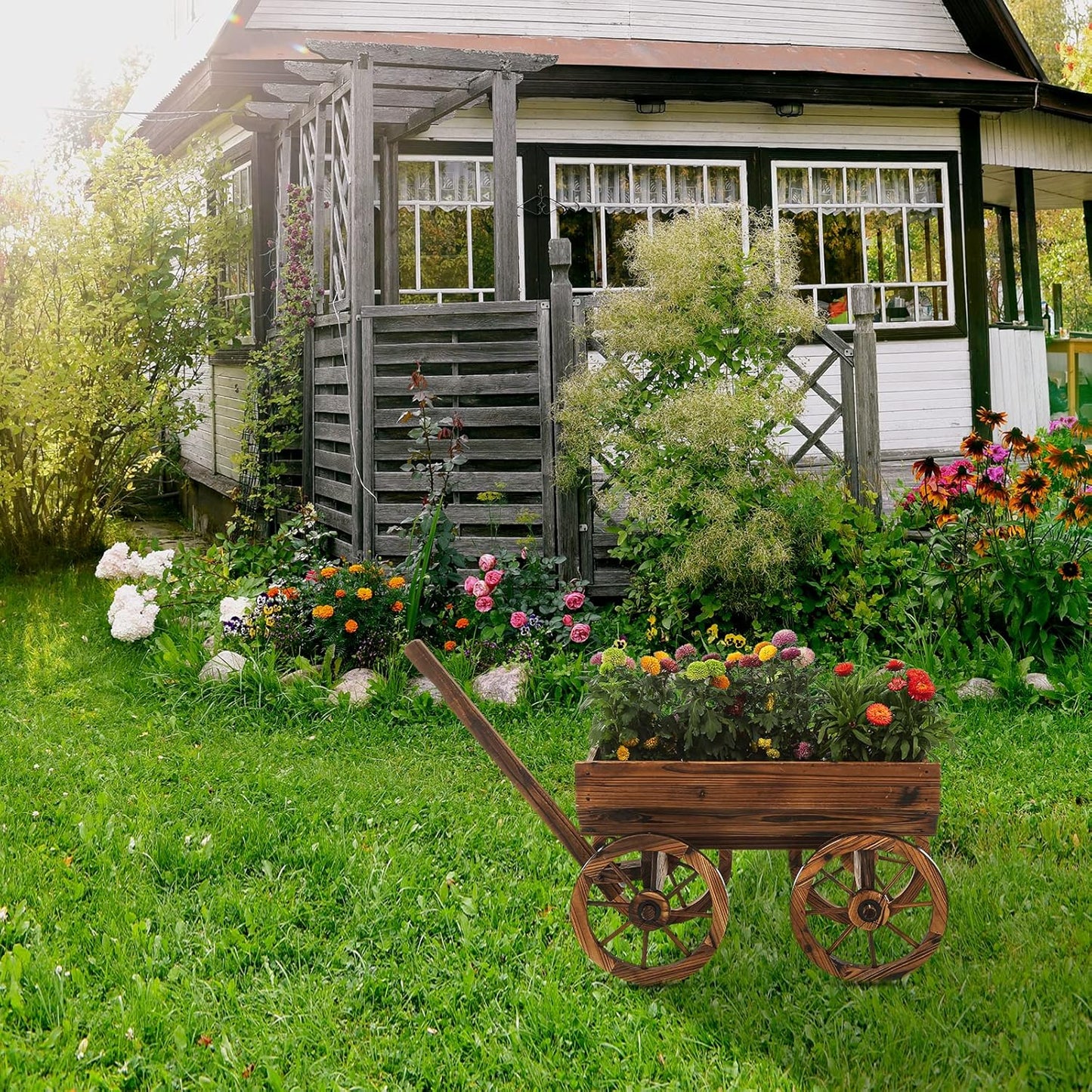 Garden Wooden Decor Rustic Flower Pot,Planters Wagon Indoor Outdoor Backyard Balcony Decor,for Outside Garden Decor Wheelbarrow Planter for Patio (Wooden Wagon)
