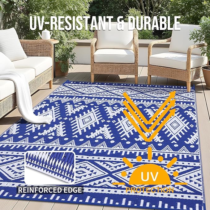 OLANLY Outdoor Rug Waterproof 8x10 ft, Reversible Outdoor Plastic Straw Rug, Boho Patio Rug, Indoor Outdoor Carpet, RV Mat Outside for Patio, Camp, Picnic, Balcony, Deck, Backyard, Blue & White