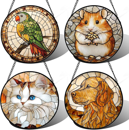 Stained Glass Window Hanging 4 Pcs Set Cute Cat and Dog Large 15" - Animal Suncatcher Door Garden Sun Catcher Decor Birthday Mother's Day for Mom Woman Nana Girl Boy Friend