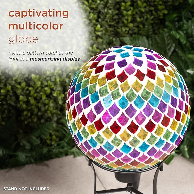 Alpine Corporation HMD220 Glass Gazing Globe w/Mosaic Teardrop Design, Decorative & Elegant Garden Art, 12" H, Multicolor