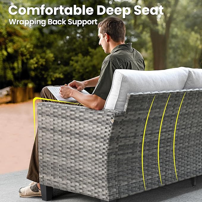 ovios 8 Pieces Patio Furniture Set, Outdoor Wicker Sofa Couch with Rocking Swivel Chairs Solar Lights Table, Modern Deep Seat Rattan Conversation Sets for Porch Deck, Grey