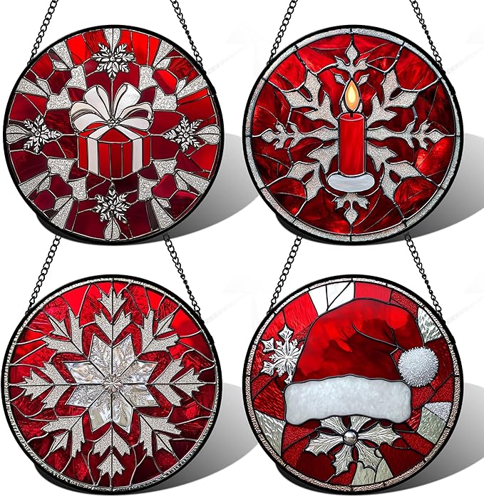 Stained Glass Window Hanging 4 Pcs Set Red Christmas Decorations Theme Large 11.8" - Suncatcher Door Garden Sun Catcher Decor Birthday for Mom Woman Nana Men Friend Wife