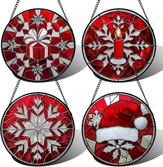 Stained Glass Window Hanging 4 Pcs Set Red Christmas Decorations Theme 9.8" - Suncatcher Door Garden Sun Catcher Decor Birthday for Mom Woman Nana Men Friend Wife