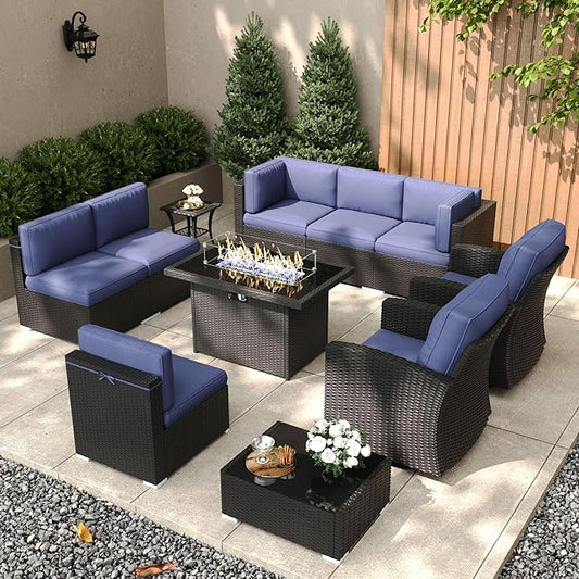 Patio Furniture Set with Fire Pit Table, 11 Pieces Outdoor All-Weather Wicker Conversation Sectional Chair Sofa Set with 2 Swivel Chairs