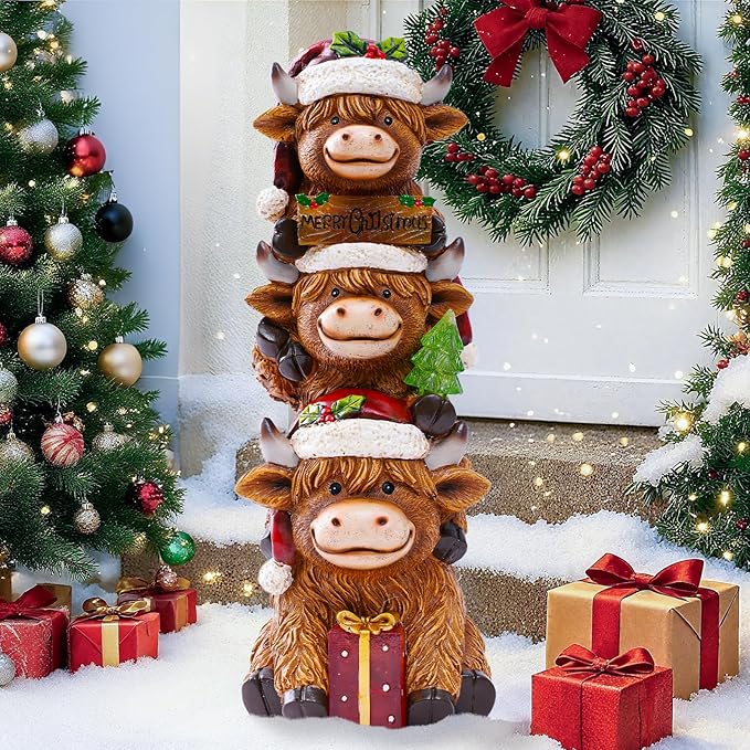 Christmas Highland Cow Decor with Solar Light Triple Highland Cow Christmas Decorations Gifts for Women Mom Funny Highland Cows Garden Statues for Garden Patio Lawn Yard Decor