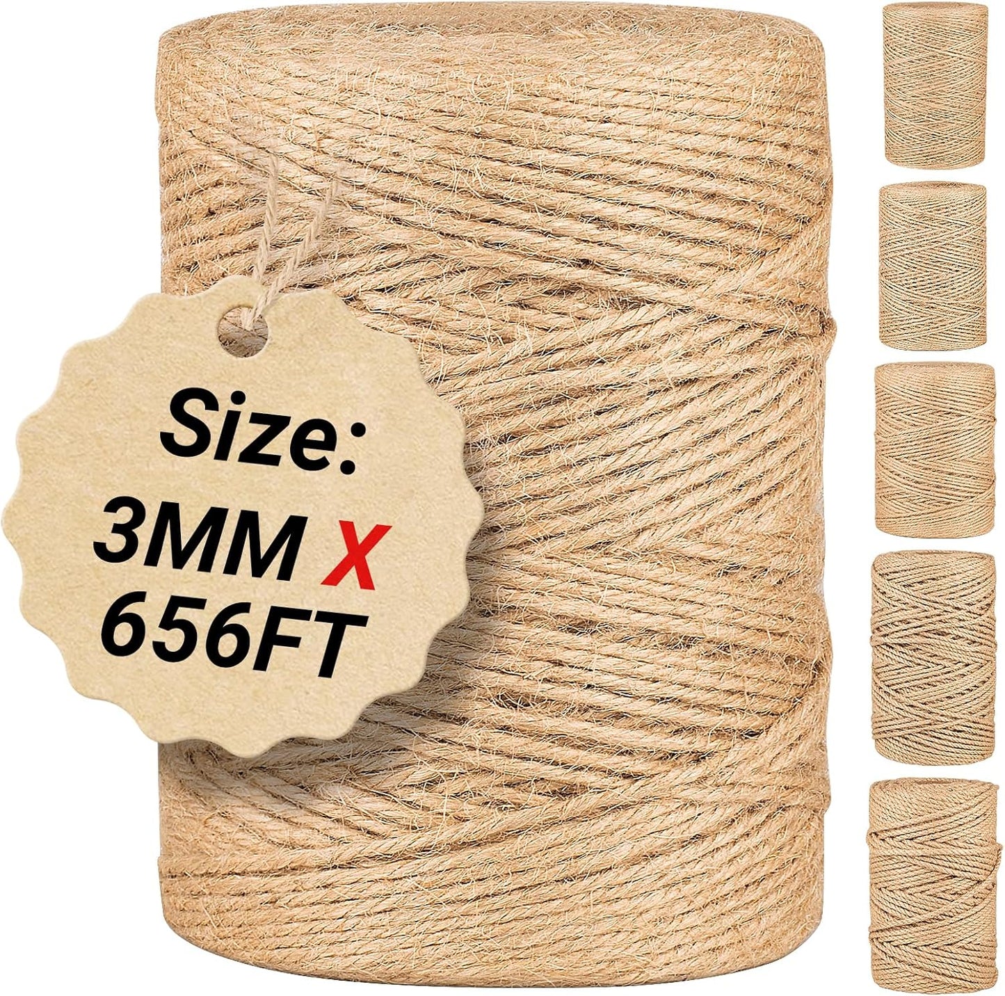 Natural Jute Twine String,Bulk Jute Rope Cord Twine for Crafting Gardening,Roll of Thick and Thin Twine for Gift Wrapping,Brown Decorative Rope,Ornament Twine for Cat Scratch Post (3mm x 656ft)