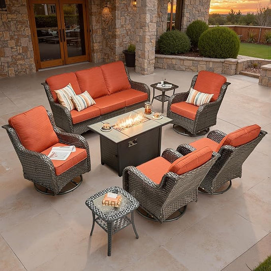 ovios 8 Pieces Patio Furniture Set, Outdoor Wicker Sofa Couch with Swivel Chairs 42" Fire Pit Table, High Back All Weather Modern Conversation Sets, Brown Rattan, Orange Red
