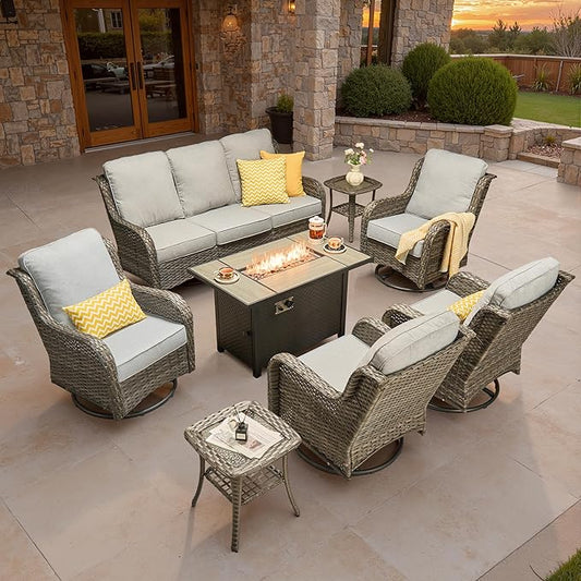 ovios 8 Pieces Patio Furniture Set, Outdoor Wicker Sofa Couch with Swivel Chairs 42" Fire Pit Table, High Back All Weather Modern Conversation Sets, Grey Rattan, Grey