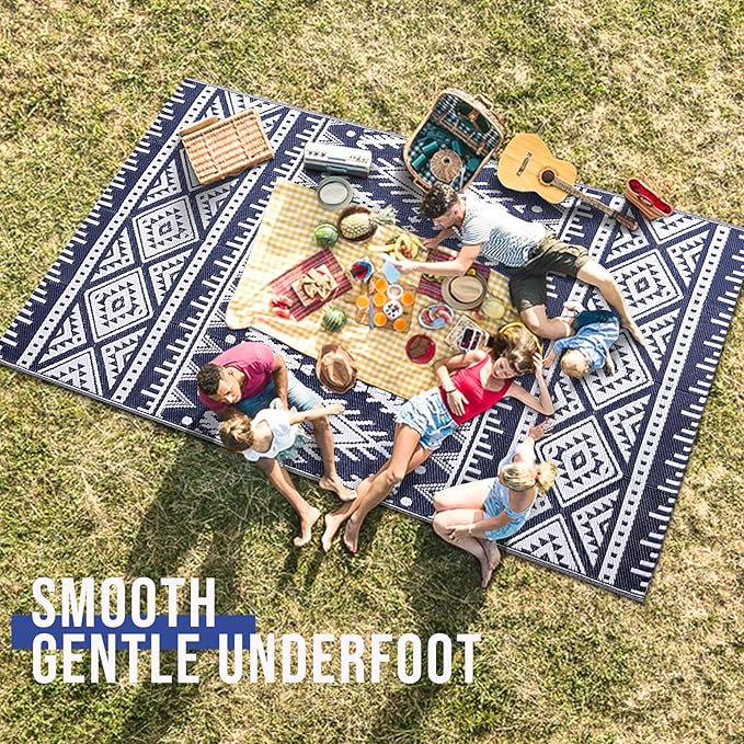 OLANLY Outdoor Rug Waterproof 4x6 ft, Reversible Outdoor Plastic Straw Rug, Boho Patio Rug, Indoor Outdoor Carpet, RV Mat Outside for Patio, Camp, Picnic, Balcony, Deck, Backyard, Navy & White