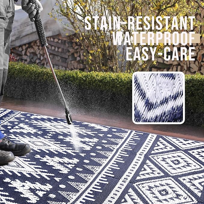 OLANLY Outdoor Rug Waterproof 5x8 ft, Reversible Outdoor Plastic Straw Rug, Boho Patio Rug, Indoor Outdoor Carpet, RV Mat Outside for Patio, Camp, Picnic, Balcony, Deck, Backyard, Navy & White