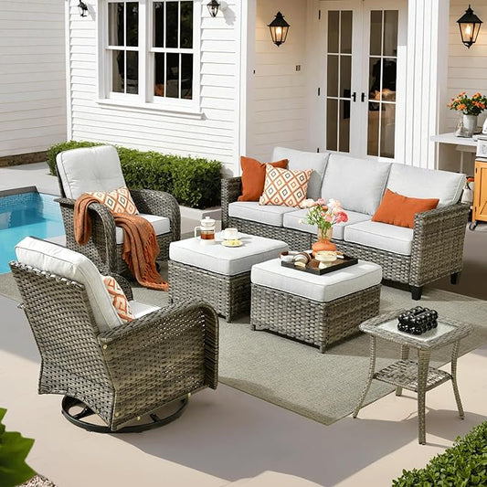 ovios 6 Pieces Patio Furniture Set, Outdoor Wicker Sofa Couch with Rocking Swivel Chairs Comfy Cushions, Modern Deep Seat Rattan Conversation Sets for Porch Deck, Grey