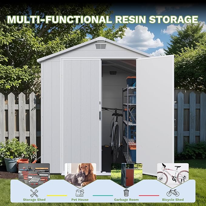 Greesum 6x8FT Plastic Outdoor Storage Shed with Floor, Resin Sheds with Lockable Double Door, Windows & Vents, All-Weather Tool Sheds for Garden, Backyard, Patio, Light Gray