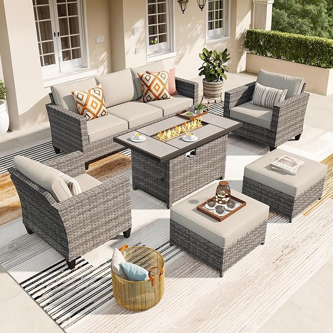 ovios 6 Pieces Patio Furniture Set with 42" Fire Pit Table, Outdoor Wicker Sofa with Comfy Cushions, All Weather High Back Rattan Couch Conversation Set, Beige