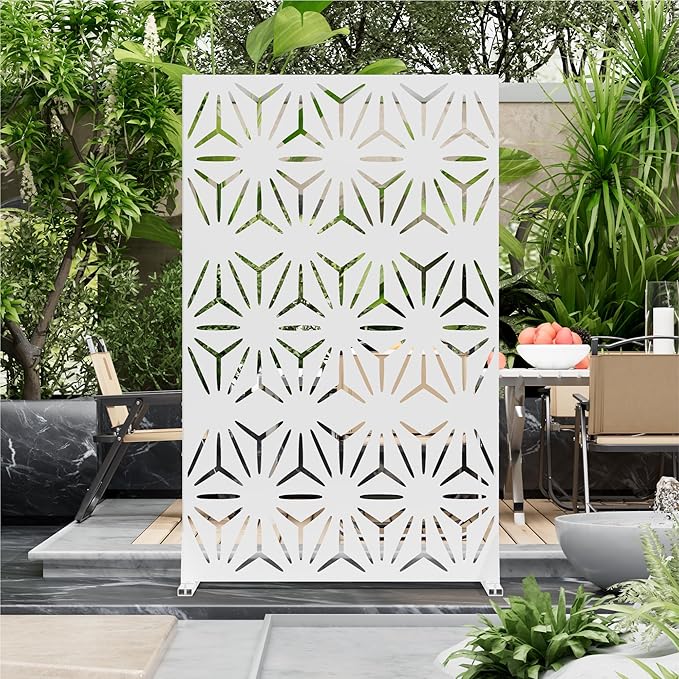 Metal Privacy Screen for Outdoor Freestanding Privacy Screens, 72" H x 44" W Patio Metal Fence Panels with Stand, Portable White Screens for Outside Deck Balcony Garden and Indoor