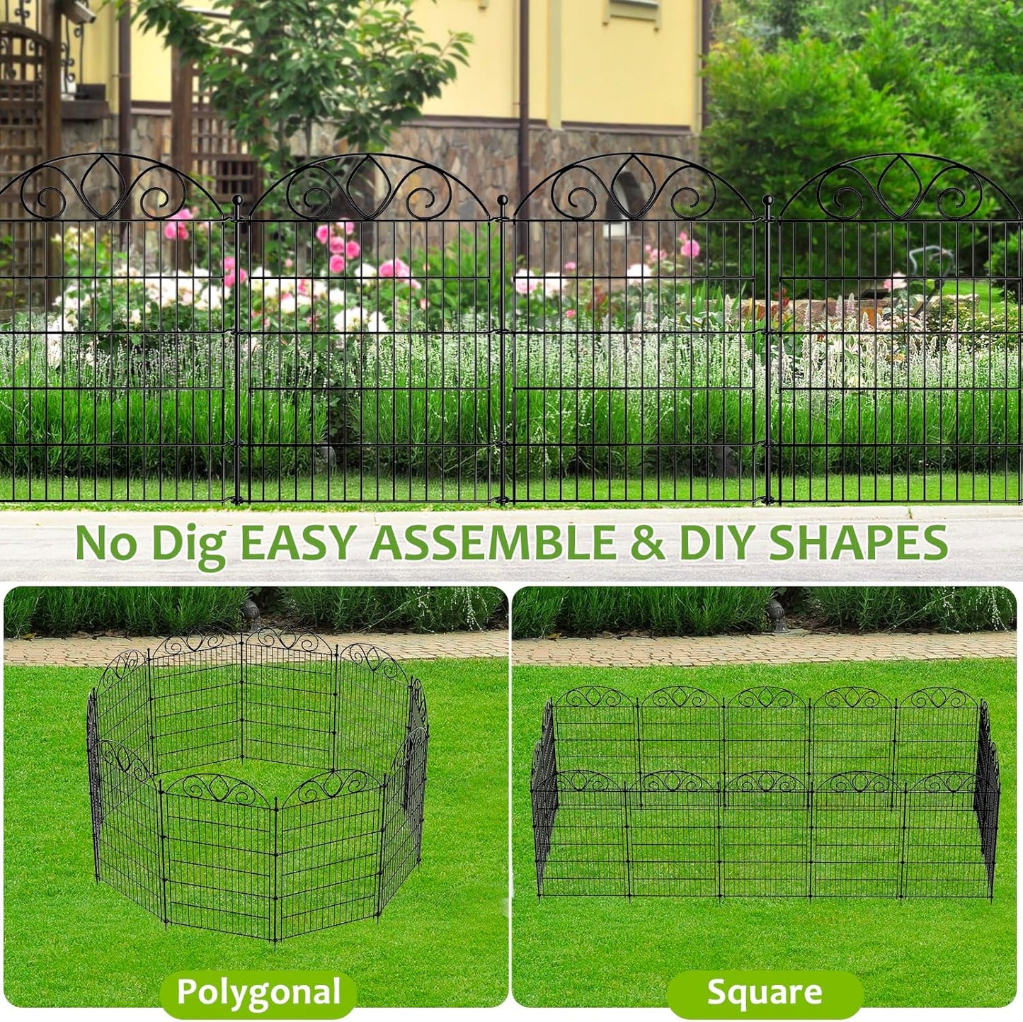 10 Panels No Dig Tall Garden Fence Panel – 34" H X 22' L Rustproof Metal Dog Fence Outdoor for Yard, Decorative Animal Barrier Fence for Pet, Garden Border, Patio, Flower Beds| Temporary Fencing