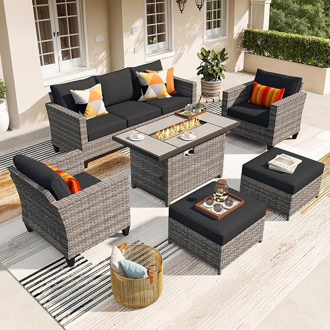 ovios 6 Pieces Patio Furniture Set with 42" Fire Pit Table, Outdoor Wicker Sofa with Comfy Cushions, All Weather High Back Rattan Couch Conversation Set, Black