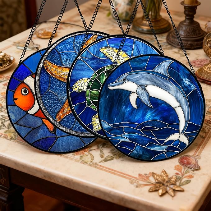 Stained Glass Window Hanging 4 Pcs Set Blue Ocean Turtle Dolphin 7.8" - Marine Life Suncatcher Garden Sun Catcher Decor Birthday Mother's Day for Mom Woman Nana Men