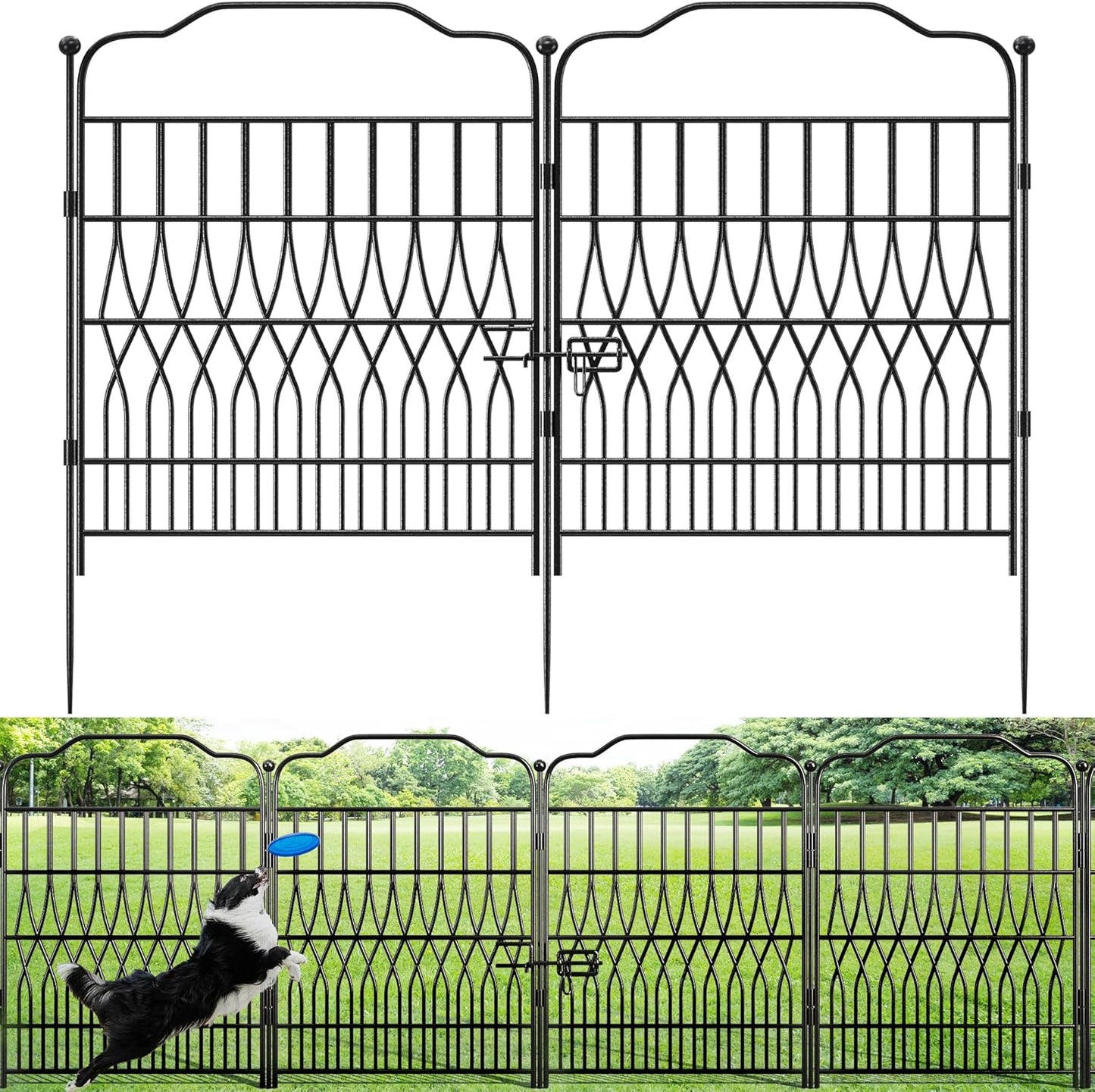Bepatio 5 Panels Tall Garden Fence with Latch, 43.3in (H) x 14.8ft (L) Dog Fence Outdoor for Yard, Arc Metal Fencing Panels, Animal Barrier Fencing for Outdoor, Patio, Flower Bed