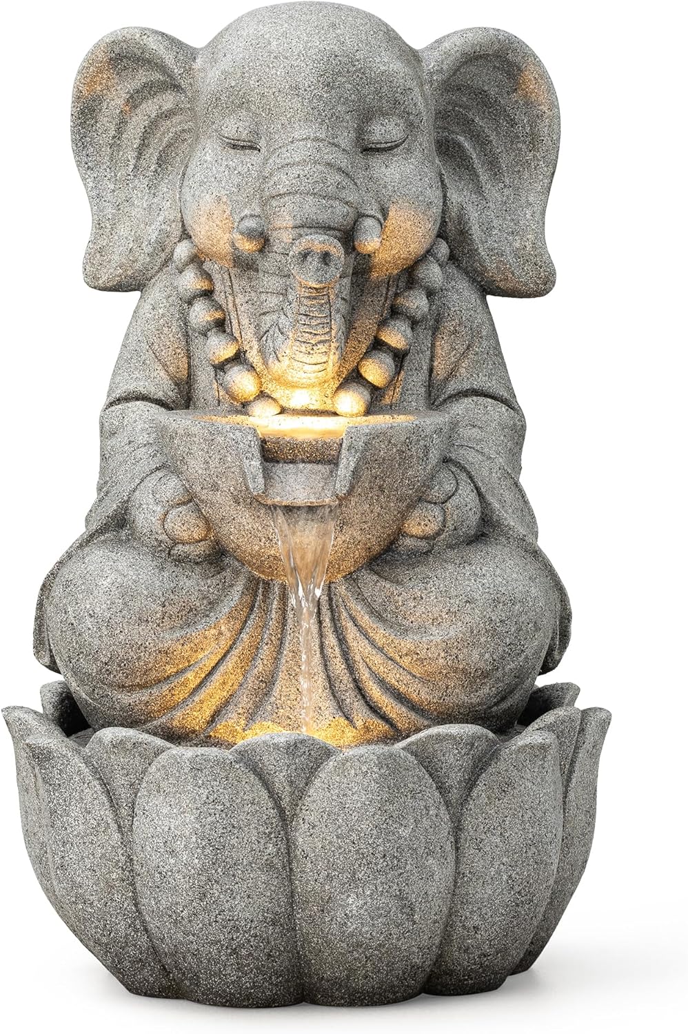 Glitzhome Outdoor Fountains and Waterfalls Zen-Style Concrete Resin Elephant Water Fountains with LED & Pump, Garden Patio Water Fountain Yard Fountain 2 Tier Floor Waterfall for Backyard Lawn 22" H