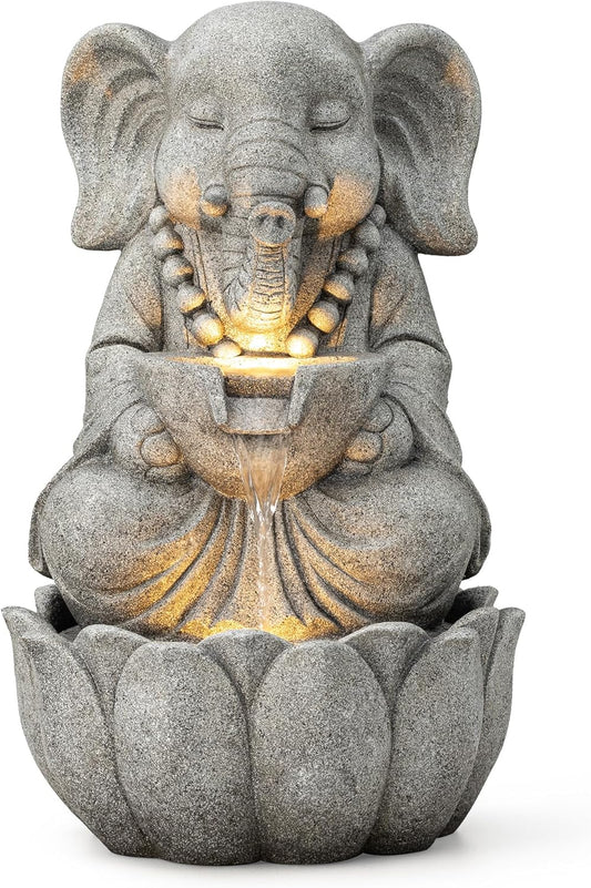 Glitzhome Outdoor Fountains and Waterfalls Zen-Style Concrete Resin Elephant Water Fountains with LED & Pump, Garden Patio Water Fountain Yard Fountain 2 Tier Floor Waterfall for Backyard Lawn 22" H