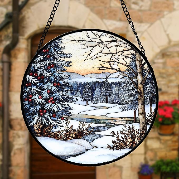 Stained Glass Window Hanging, Winter Snow Landscape Suncatcher Diamond Glass Panel Sun Catchers Decor for Birthday for Women, Men, Wife, Aunt, and Mom 11.8 in
