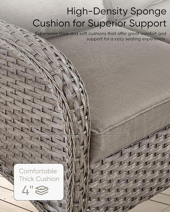 HUMMUH 7 Pieces Outdoor Furniture Set-All Weather Wicker Rattan Couch with Outdoor Rocking Chair Patio Furniture for Deck Lawn Porch Balcony Poolside-Grey/Grey