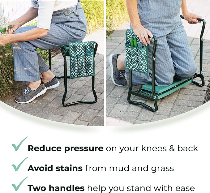 Garden Kneeler And Stool - Foldable Garden Seat For Storage - EVA Foam - Heavy Duty and Lightweight Gardening Yard Tools - Great for Gardening Gifts for Women - Bench Comes With Tool Pouch and Gloves