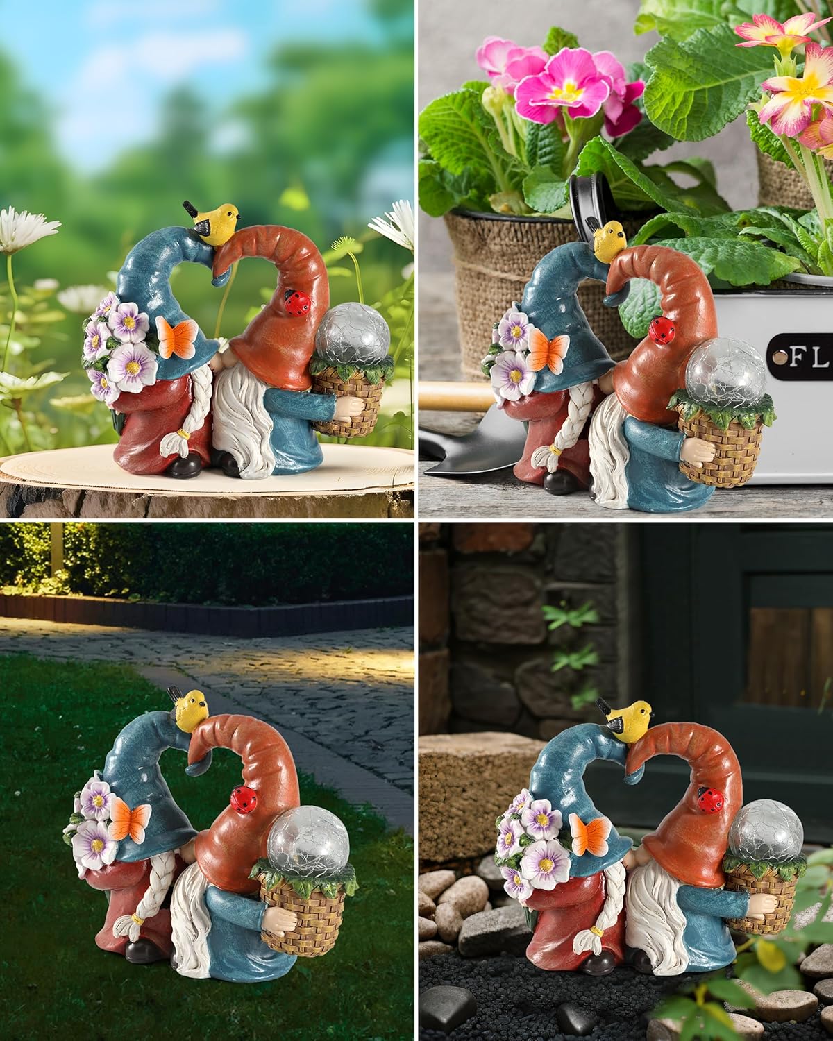iStatue Solar-Powered 8.3'' Spring Summer Kissing Gnomes Decorations for Home & Garden - Decorative Outdoor Lawn Ornaments and Statues Clearance (Loved Gnomes)