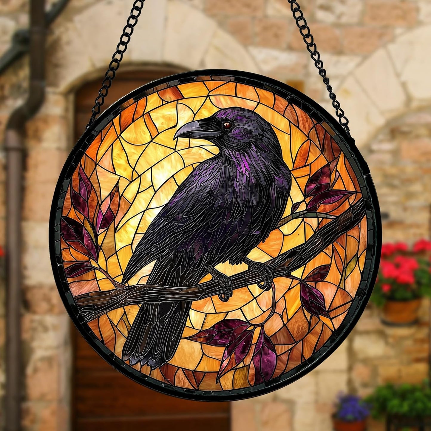 Stained Glass Window Hanging - Crow on a Branch Suncatcher Ready to Hang Window Doors Home Decoration and Christmas, Mother's Day Birthday Gifts for Women, Men, and Mom 9.8x9.8 in