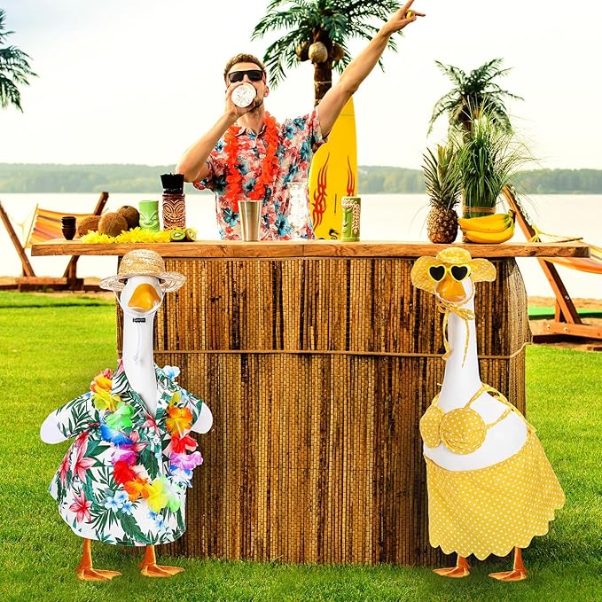 2 Set Hawaiian Luau Porch Goose Outfit for Lawn 23'' Plastic Goose Clothes Costume Summer Outdoor Decor(Bikini)
