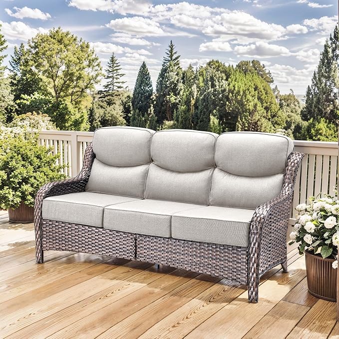 HUMMUH 6 inch Thick Cushion Wicker Patio Furniture Set with Outdoor Swivel Rocker Patio Chairs,High Back Outdoor Couch and Coffee Table for Porch Garden Deck