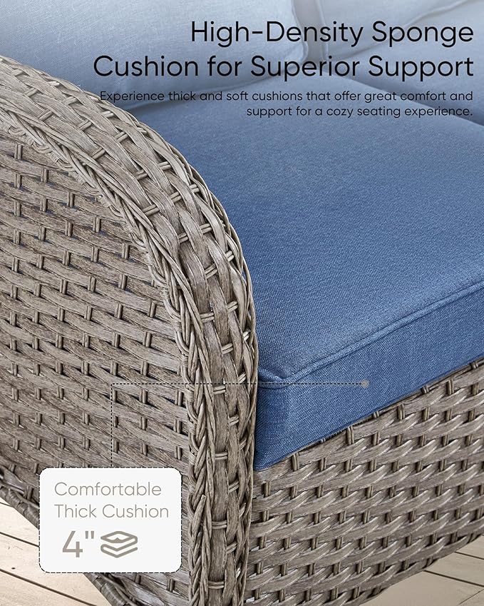 Outdoor Furniture-8 Piece Wicker Patio Furniture Set with Patio Swivel Chair Wicker Rattan Couch with Outdoor Rocking Chair Patio Conversation Set for Deck Lawn Porch Balcony Poolside-Grey/Blue