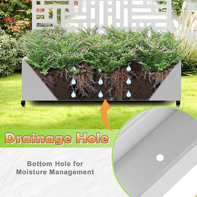 Metal Raised Garden Bed with Trellis, 2-in-1 Planter Box & Privacy Screen for Climbing Plants, Outdoor Standing Flower Bed with Drainage Holes, 47.2" L x 16.7" W x 70.8" H, White-Helen