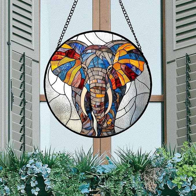 Stained Glass Window Hanging, Colorful Elephant Sun Catcher for Door Home Decor Animal Suncatcher Christmas Mother's Day Birthday Gifts for Women Men Mom and Nana 9.8 in
