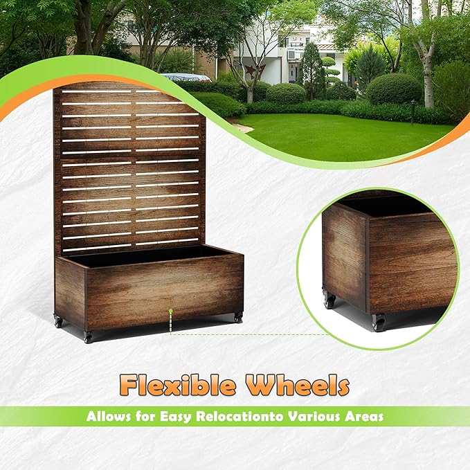 Metal Raised Garden Bed with Trellis, 2-in-1 Planter Box & Privacy Screen for Climbing Plants, Outdoor Standing Flower Bed with Drainage Holes, 35.4" L x 15.7" W x 70.1" H, Vintage Wood Grain