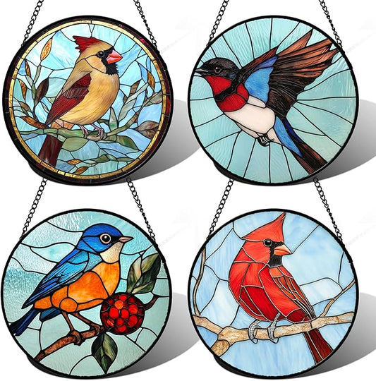 Stained Glass Window Hanging 4 Pcs Set Cardinal Blue Birds 7.8" - Suncatcher Door Garden Sun Catcher Decor Birthday Mother's Day for Bird Lovers Men Woman Nana Friend